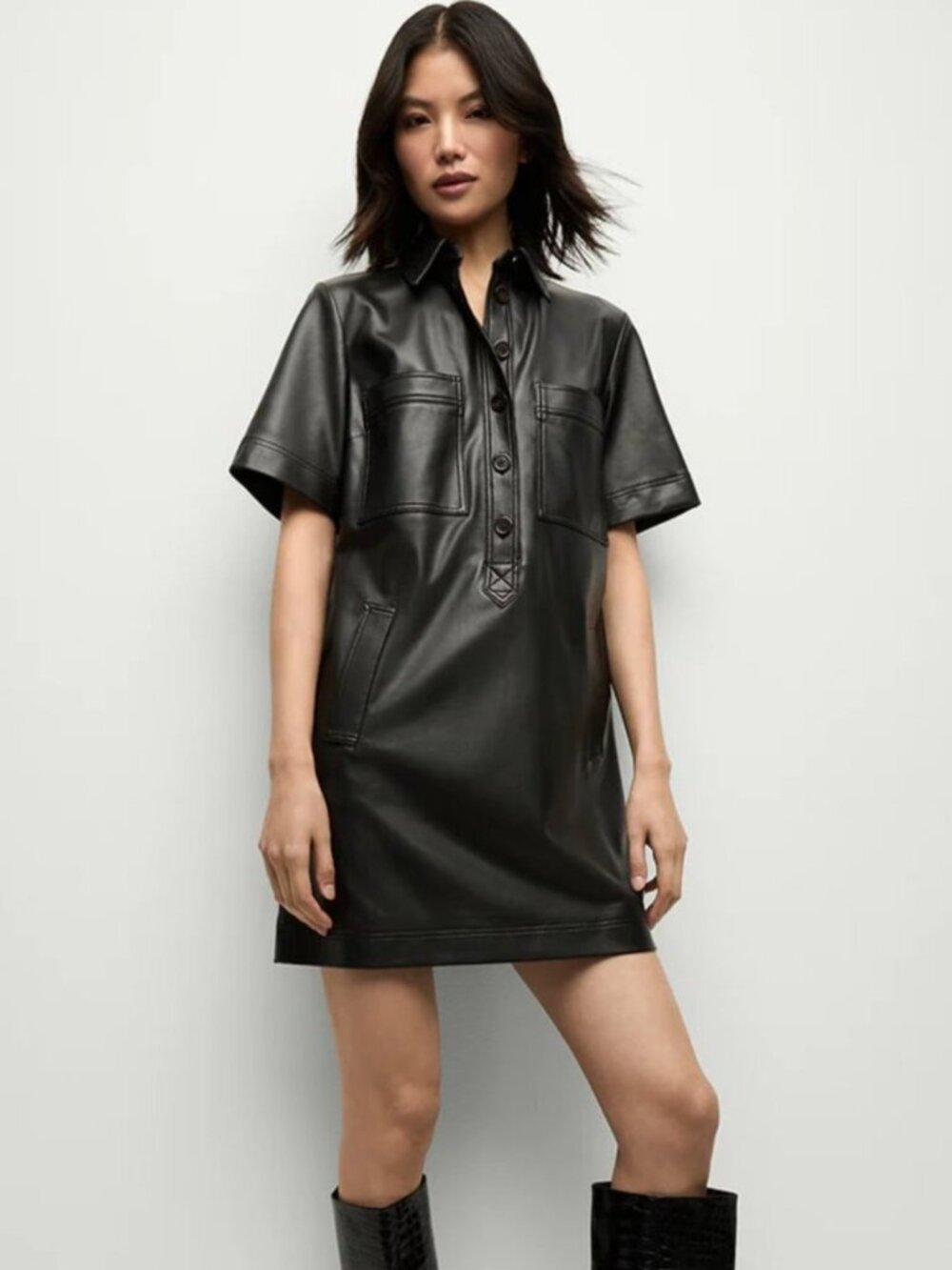 Veronica Beard Koulis Dress Black Faux Leather Side Pockets Size 2